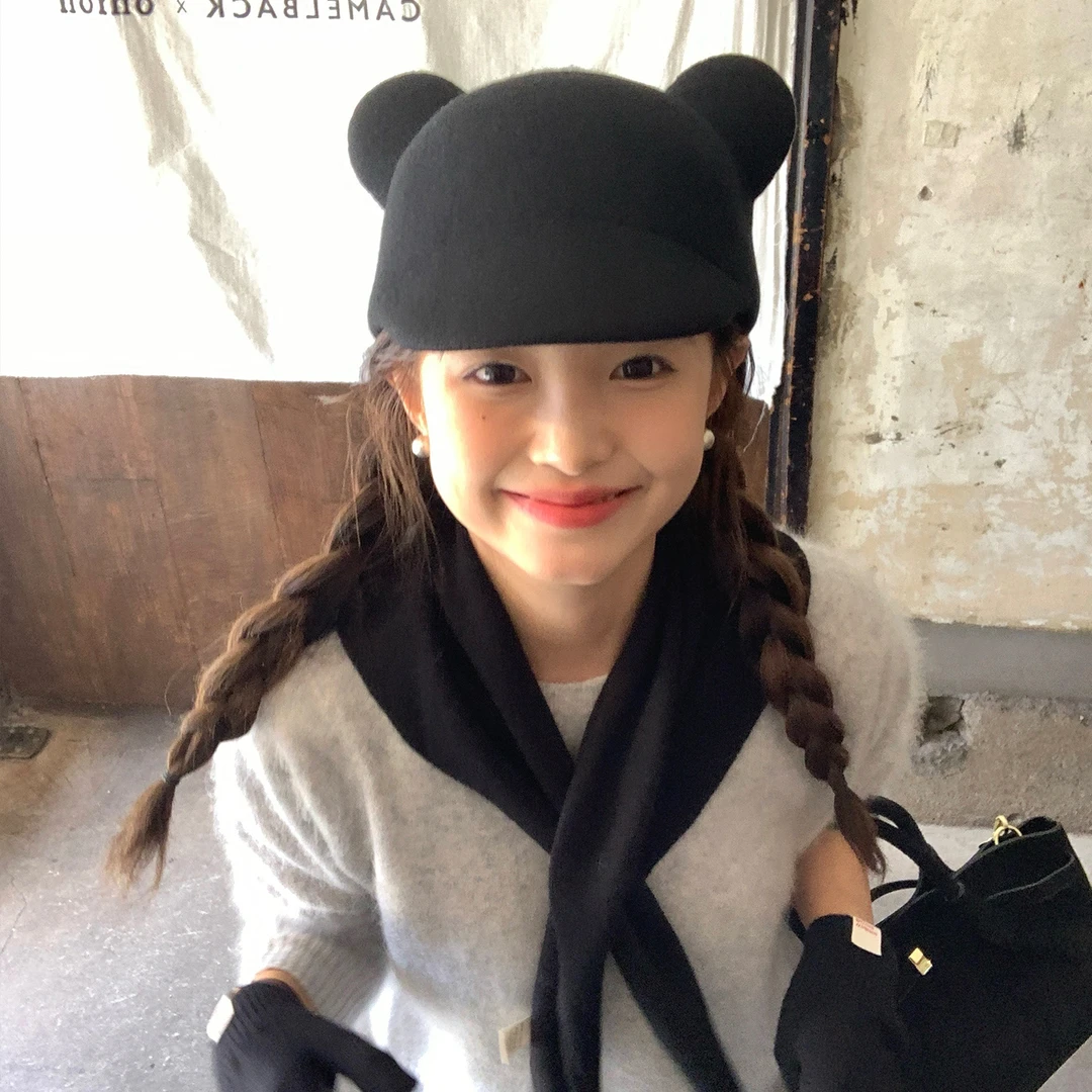 『全澳毛材质』米奇耳朵礼帽秋冬新款鸭舌贝雷帽情侣马术帽显脸小