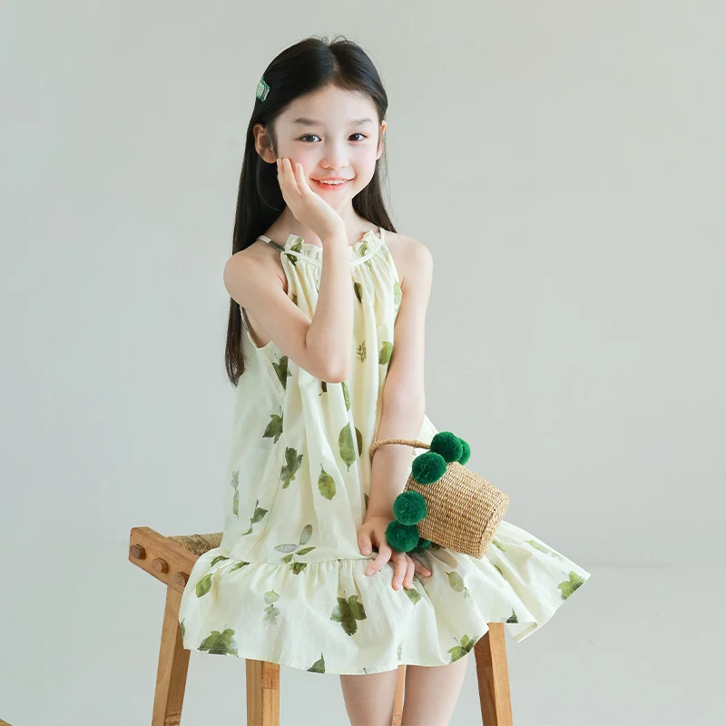 utouto大耳象女童树叶吊带连衣裙2025夏季新款度假风裙子2403684