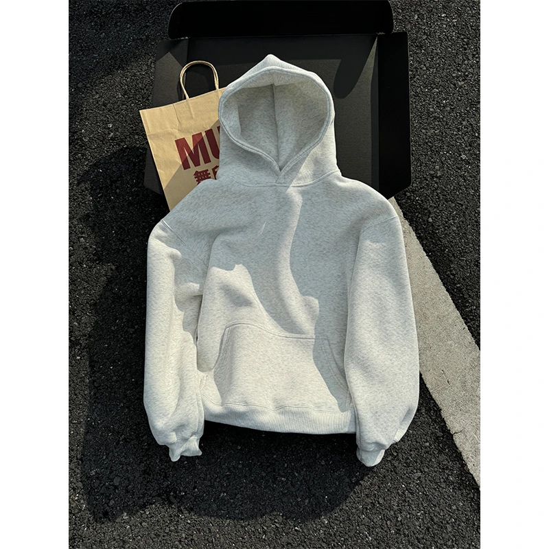 白花灰美式短款连帽卫衣男款秋季重磅硬挺boxy外套基础款情侣帽衫