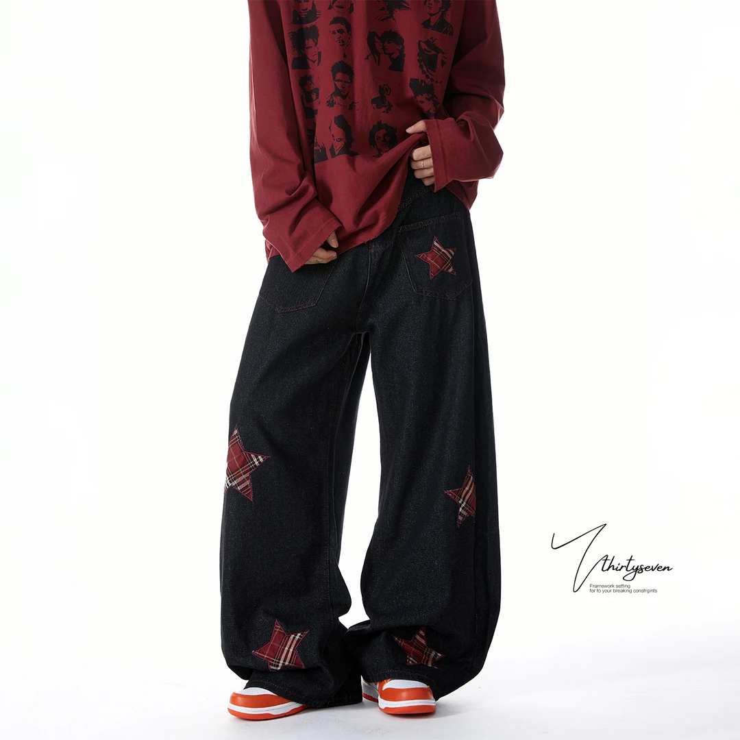 男势美式格子星星贴布绣牛仔弯裤男潮牌hiphop高街宽松休闲裤子