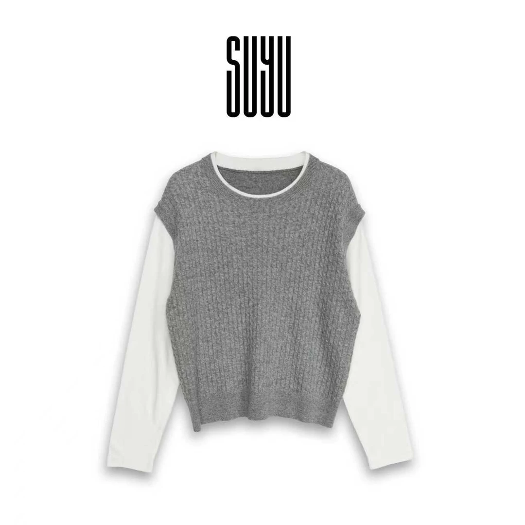 SUYU 【里约书店】假两件休闲圆领打底常规款针织衫毛针织衫通勤