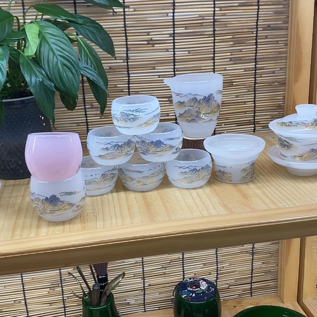琉璃手工艺品千里江山图，白主人杯1樱花粉千里江山图