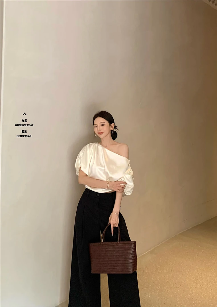 泡泡缎面设计感斜肩休闲上衣+高腰阔腿长裤套装8203#夏季显瘦