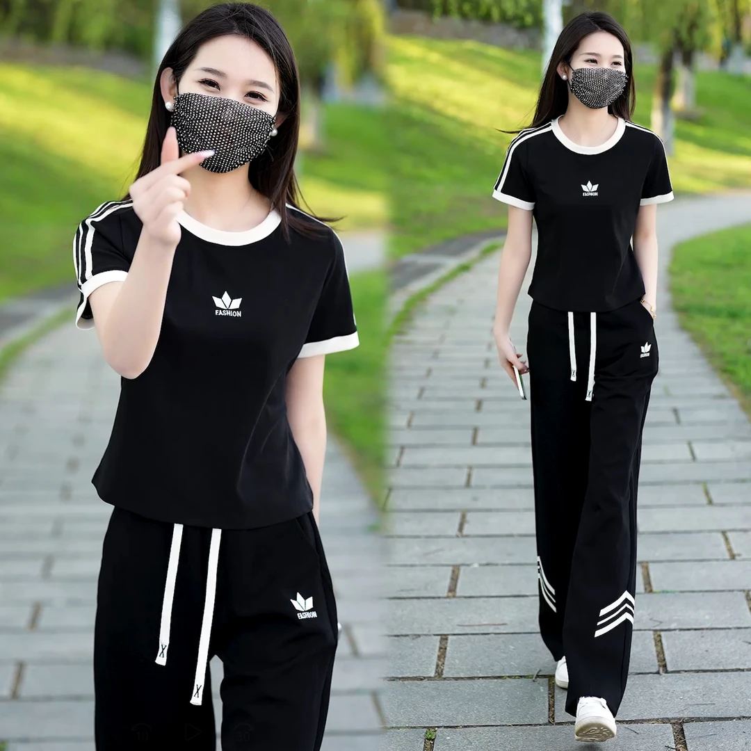 休闲时尚两件套夏季运动套装女2025新款短袖长裤直筒裤大码棉T恤