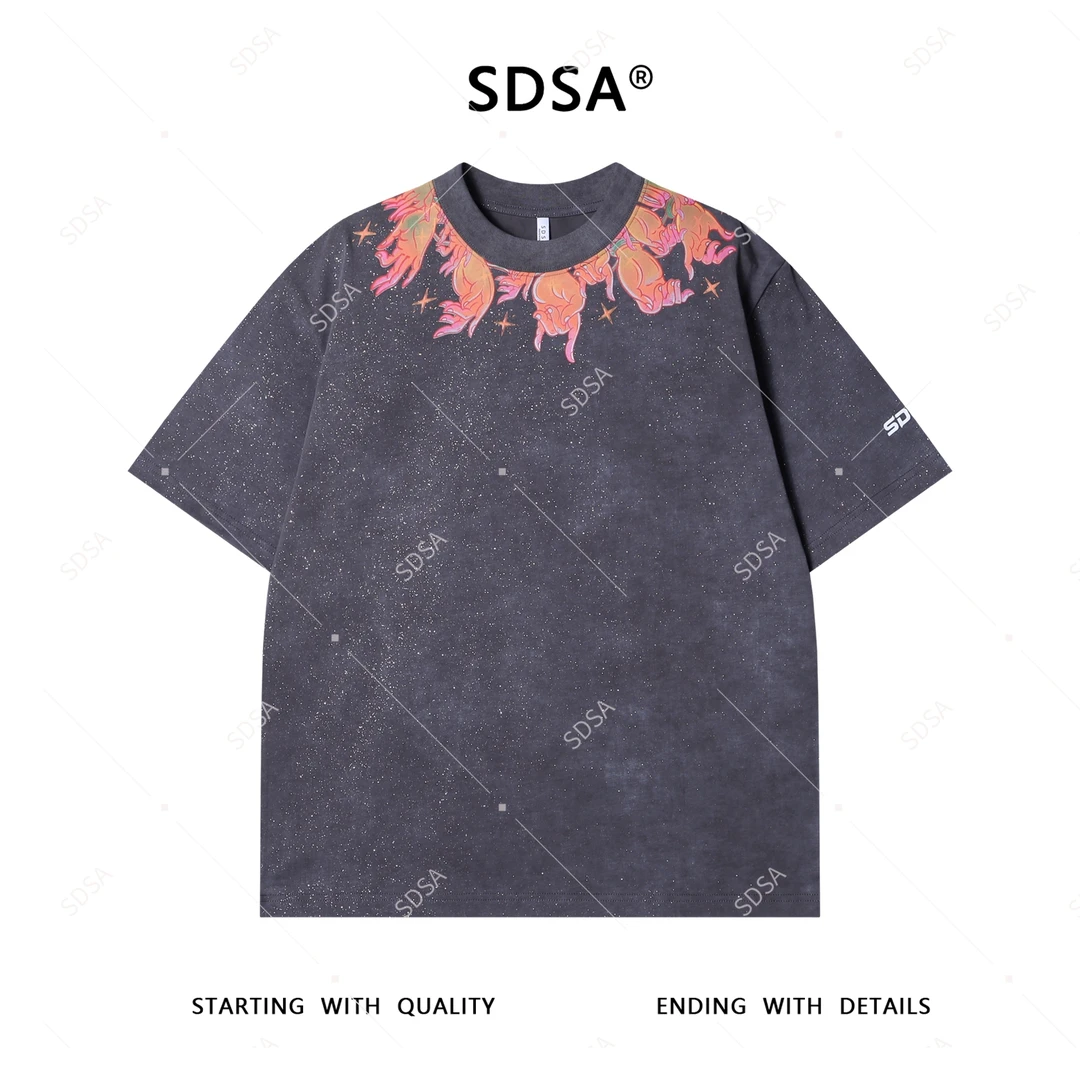 夏季高级感新款男士美式领口手印花短袖T恤满天星设计圆领上衣潮