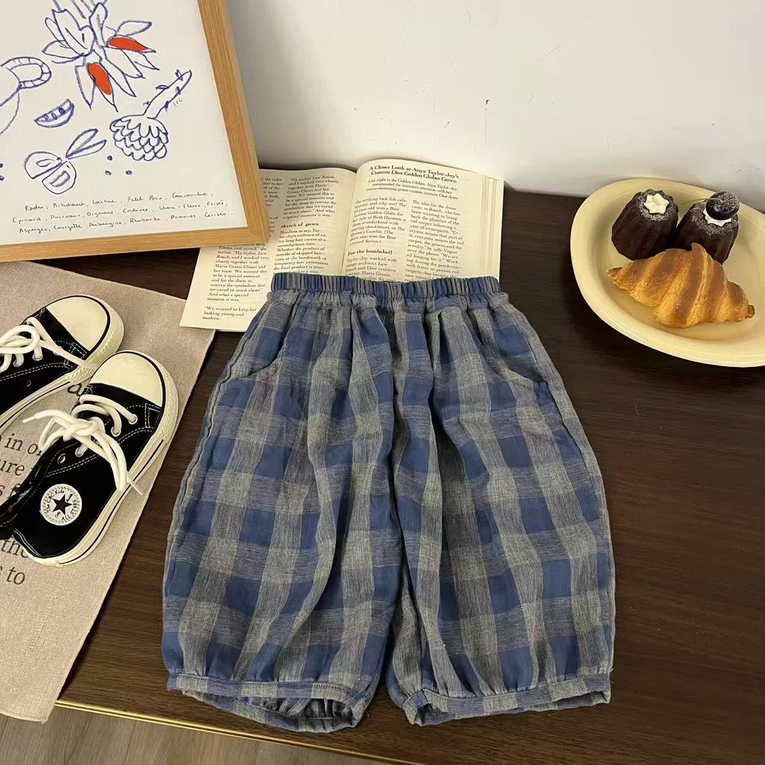 儿童夏季百搭格子七分灯笼裤H2250