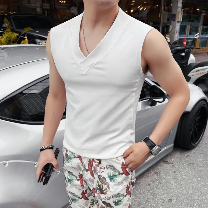 无袖V领坎肩背心男款夏季薄款透气时尚型男风运动健身男士短袖t恤
