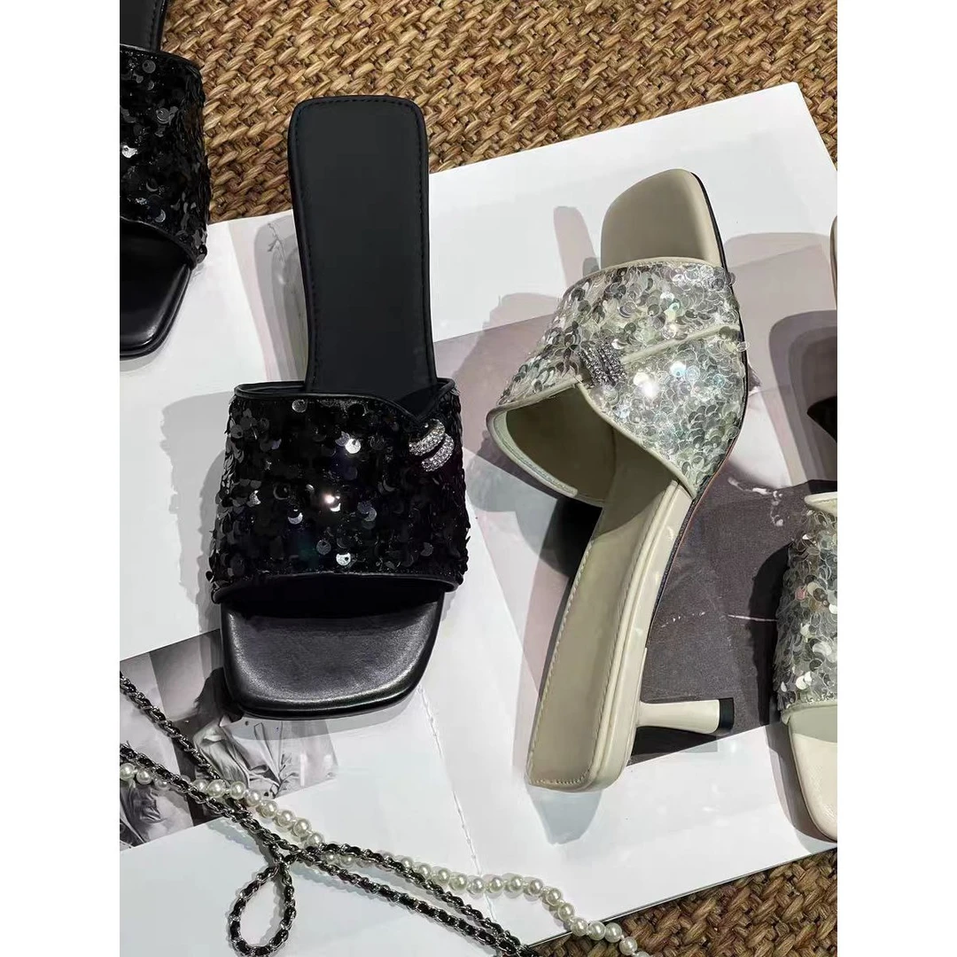 新款夏季拖鞋女亮片一字拖高跟凉拖女细跟K5-991-109