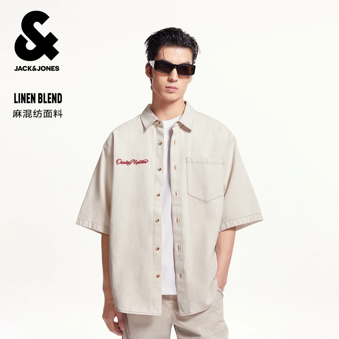 杰克琼斯男装秋季字母刺绣舒适百搭潮流时尚个性简约短袖衬衫上衣