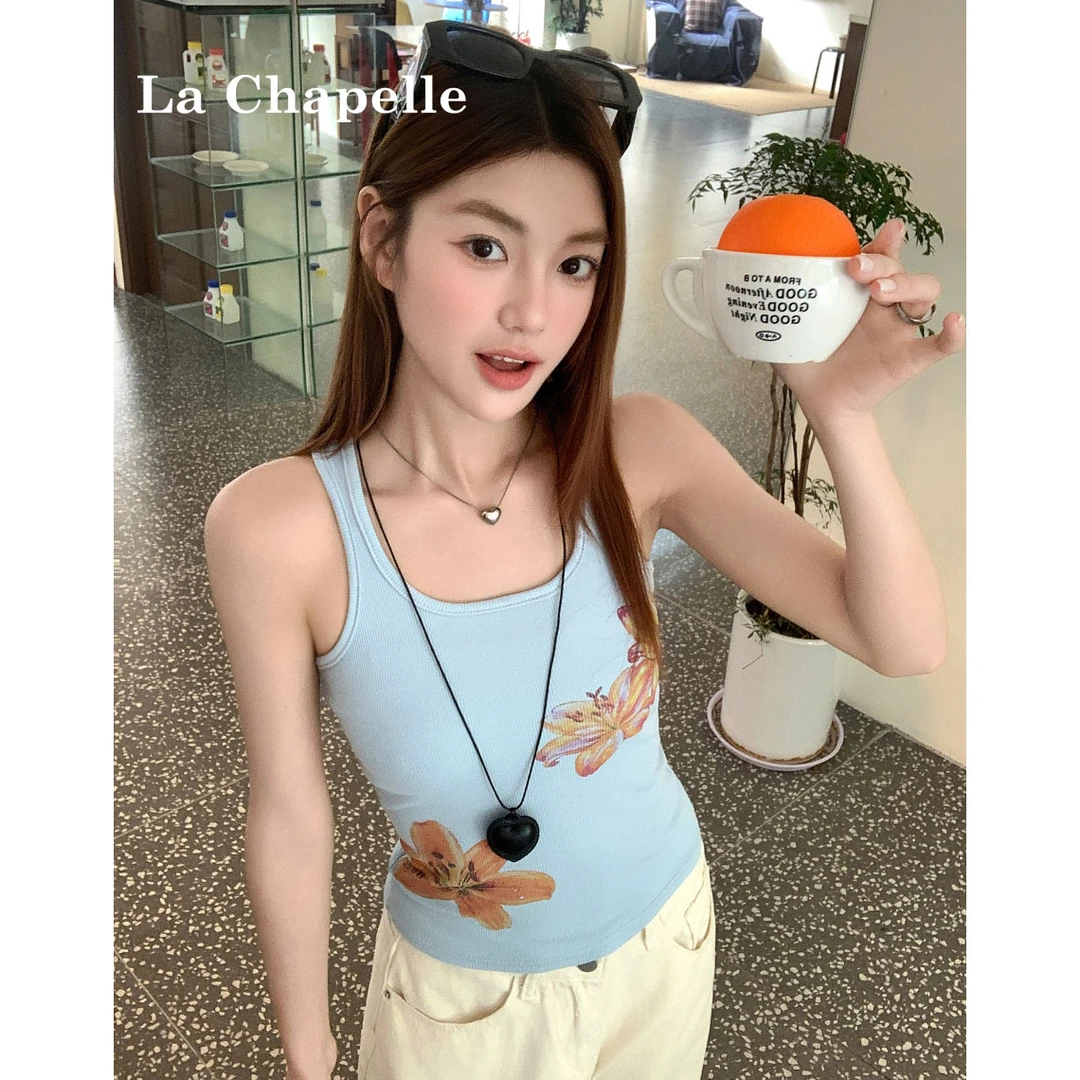 拉夏贝尔美式复古印花工字吊带背心女夏外穿辣妹修身无袖纯欲上衣