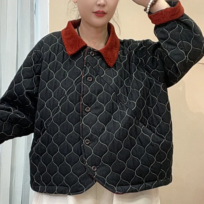 1002韩版撞色领绗棉加厚棉衣外套女