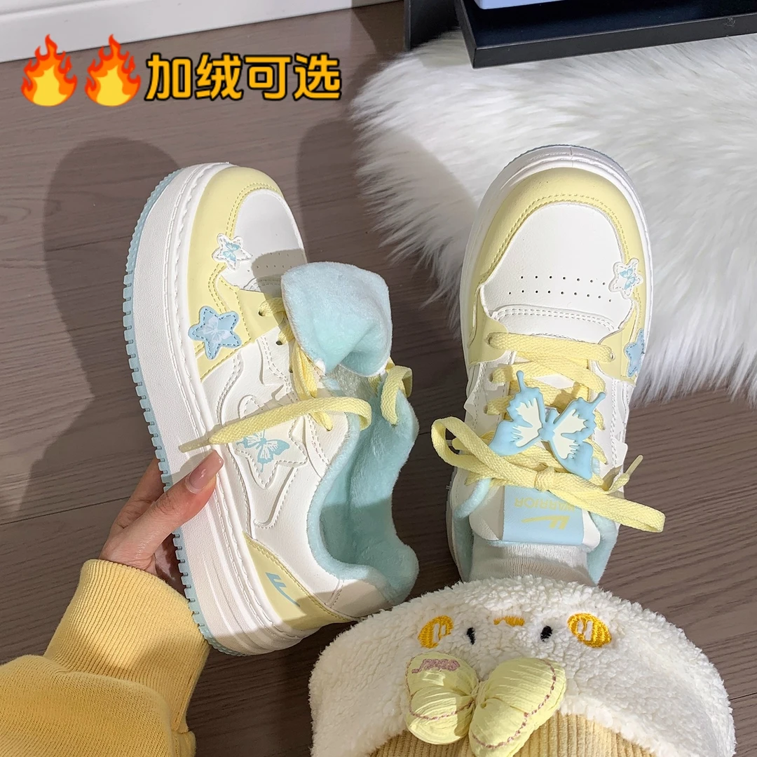 回力加绒蝴蝶多巴胺小白鞋二棉鞋女冬季保暖休闲鞋子增高厚底板鞋