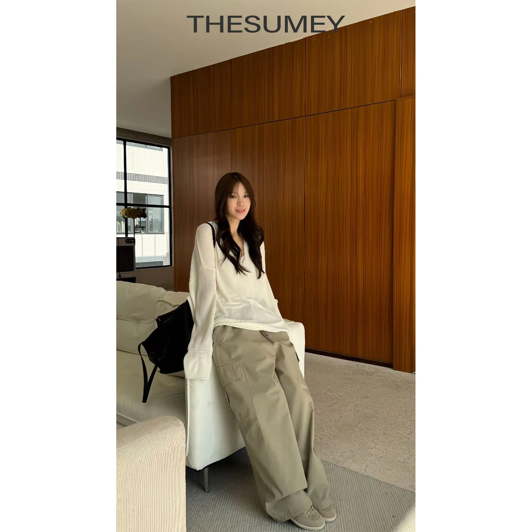 THESUMEY工装风口袋卡其色休闲裤女早春2025新款宽松阔腿直筒裤