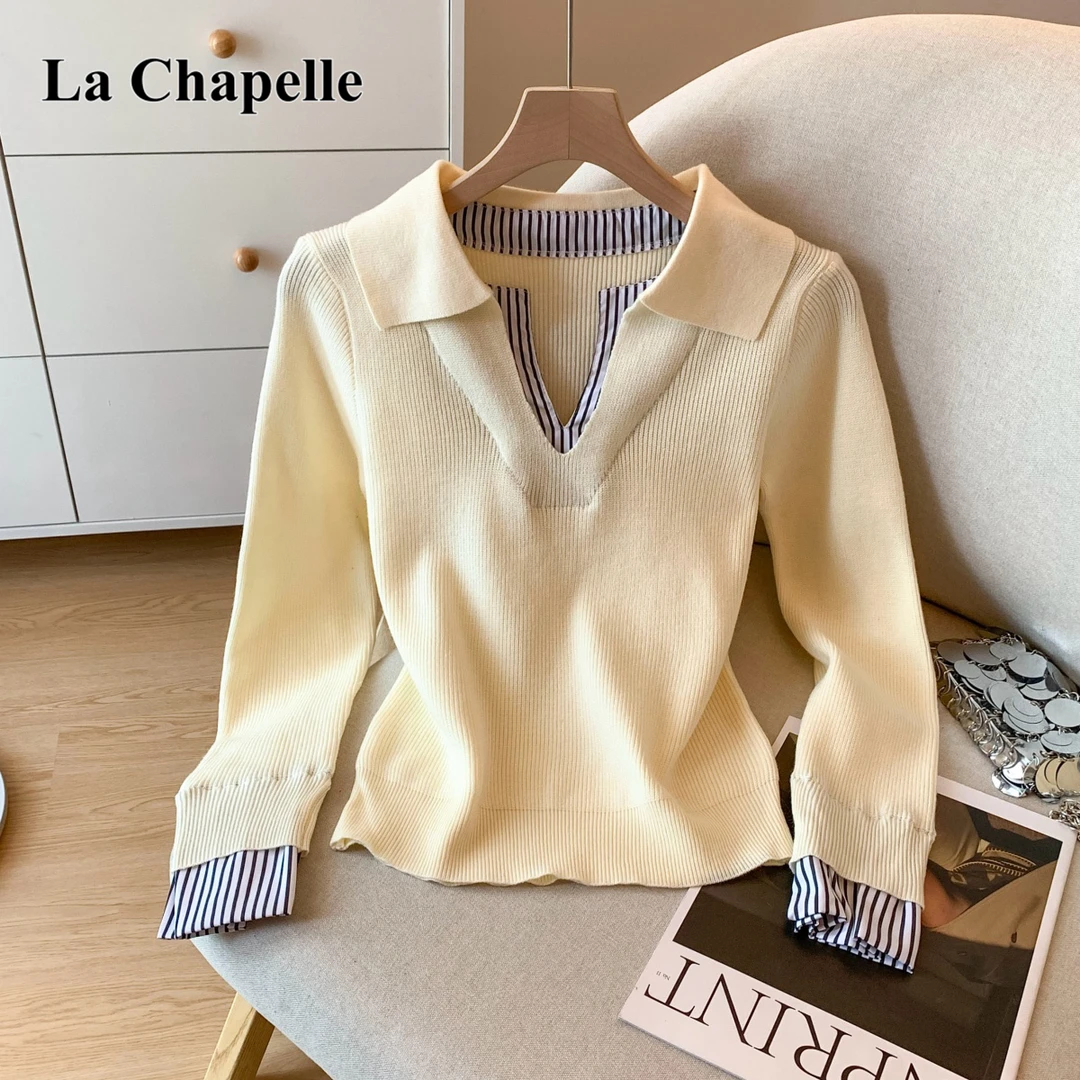 拉夏贝尔条纹拼接翻领正肩长袖针织衫女2025秋季时尚假两件上衣潮