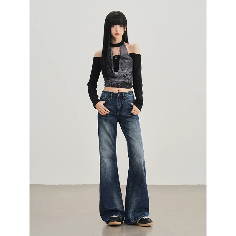 NORNLGGER美式复古水洗微喇叭牛仔裤女秋新款低腰辣妹百搭拖地裤