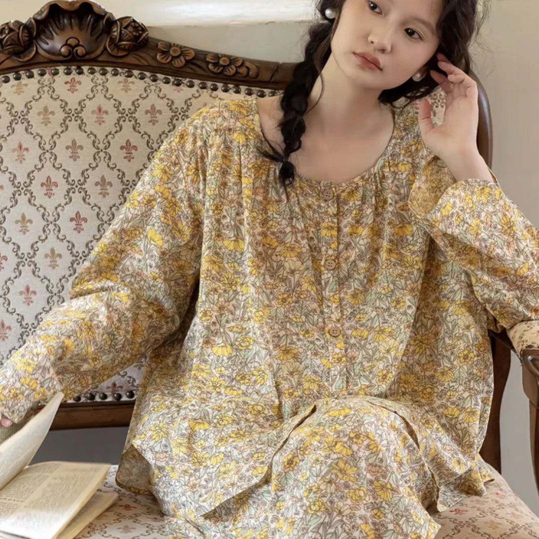 春秋纯棉梭织薄款睡衣套装女宽松碎花长袖长裤家居服高级感