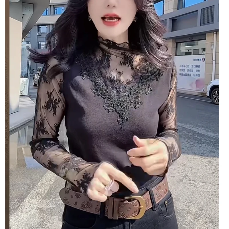 黑色网纱t恤女士25秋冬修身显瘦减龄半高领蕾丝拼接打底衫上衣