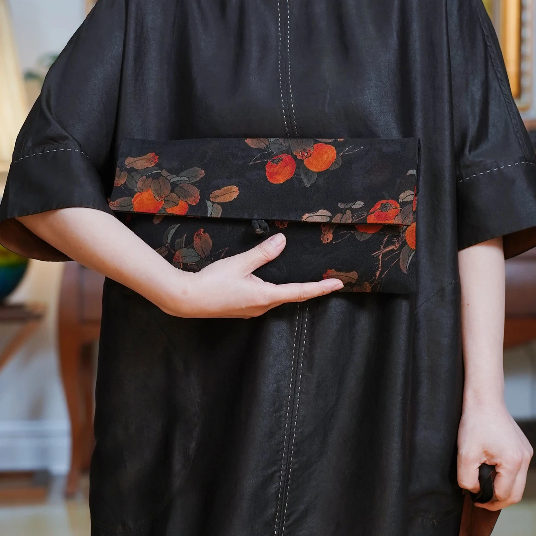 复古中式国风桑蚕丝柿柿如意气质百搭时尚休闲手拿包-B5B1092