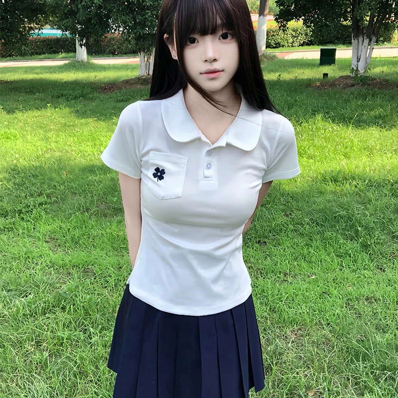 【叁沐屿JK】原创夏季短袖日常百搭JK收腰圆领polo衫白色学生