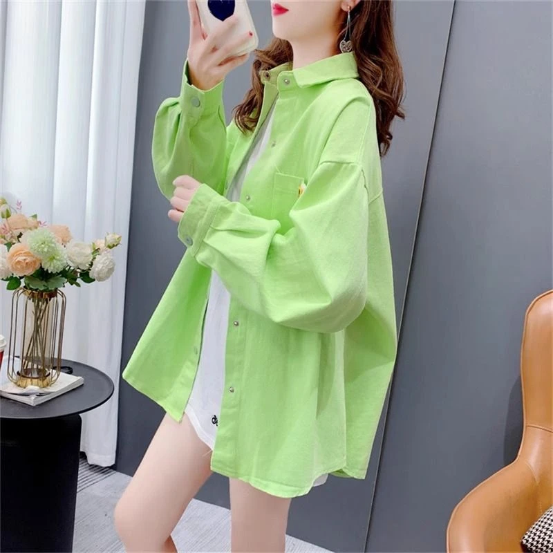 纯棉牛仔2025春秋薄款韩版糖果色衬衫微胖白衬衫