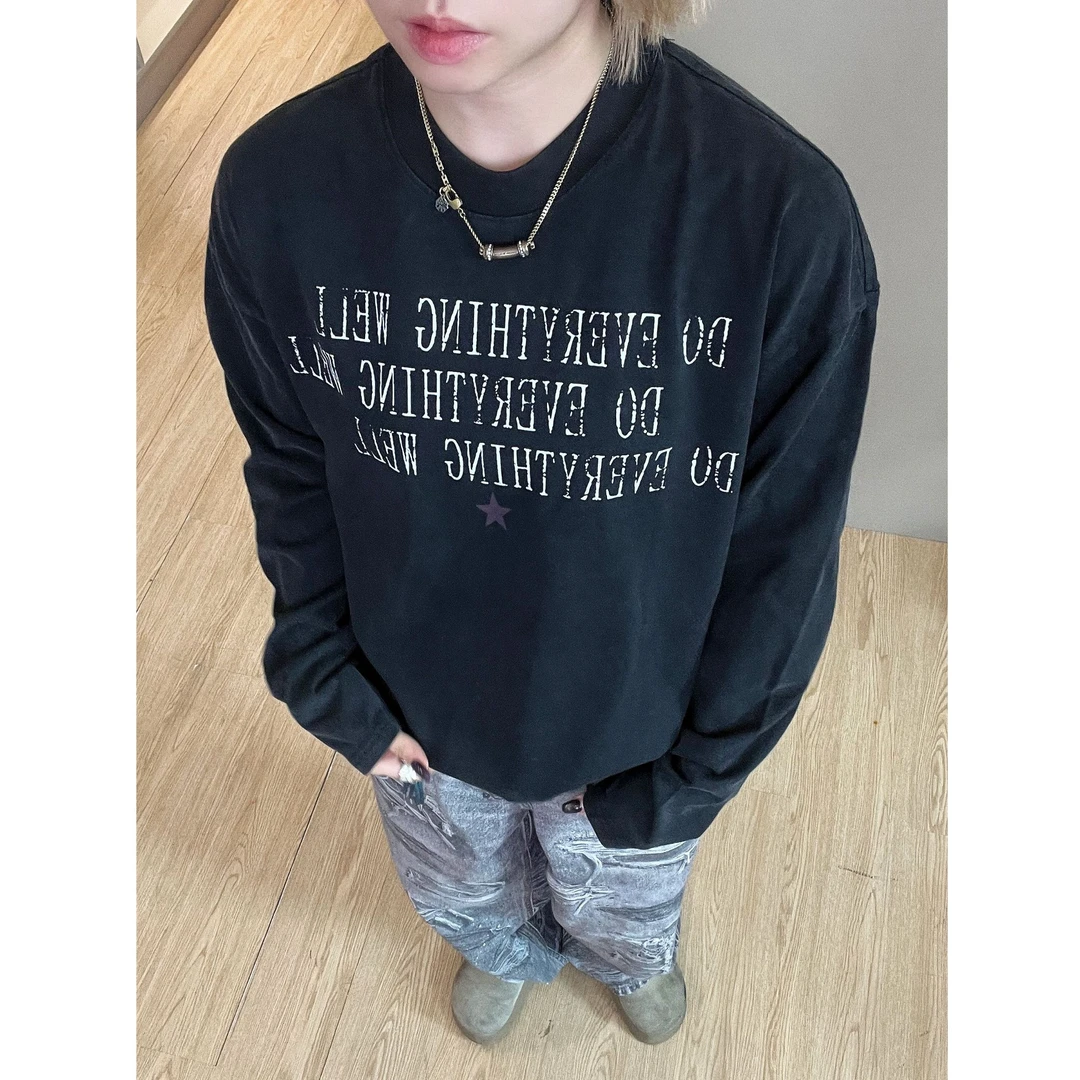 【音符标语】美式休闲设计感小领口宽松字母印花长袖T恤hiphop