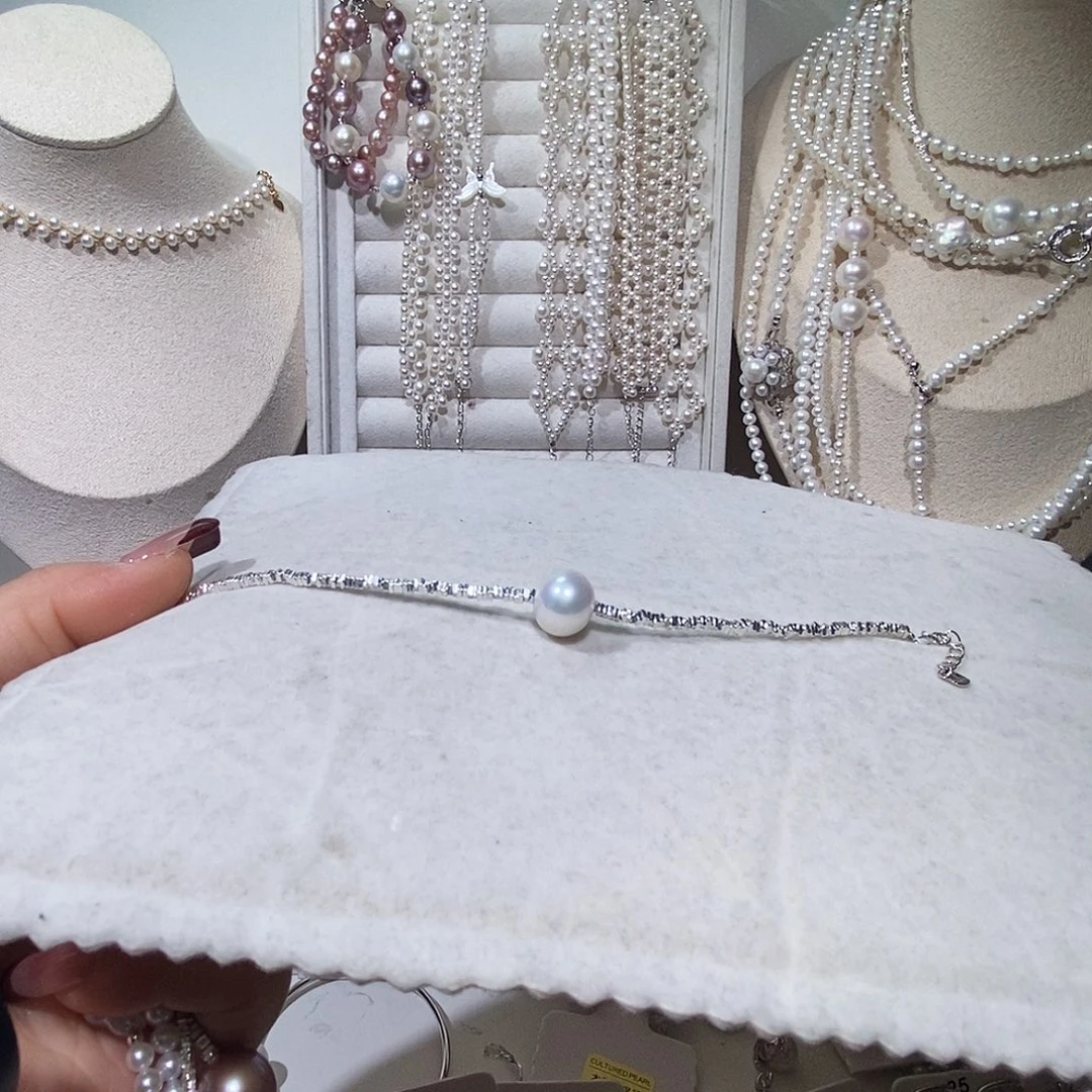 银S925镶嵌淡水珍珠手绳碎银子路路通手链