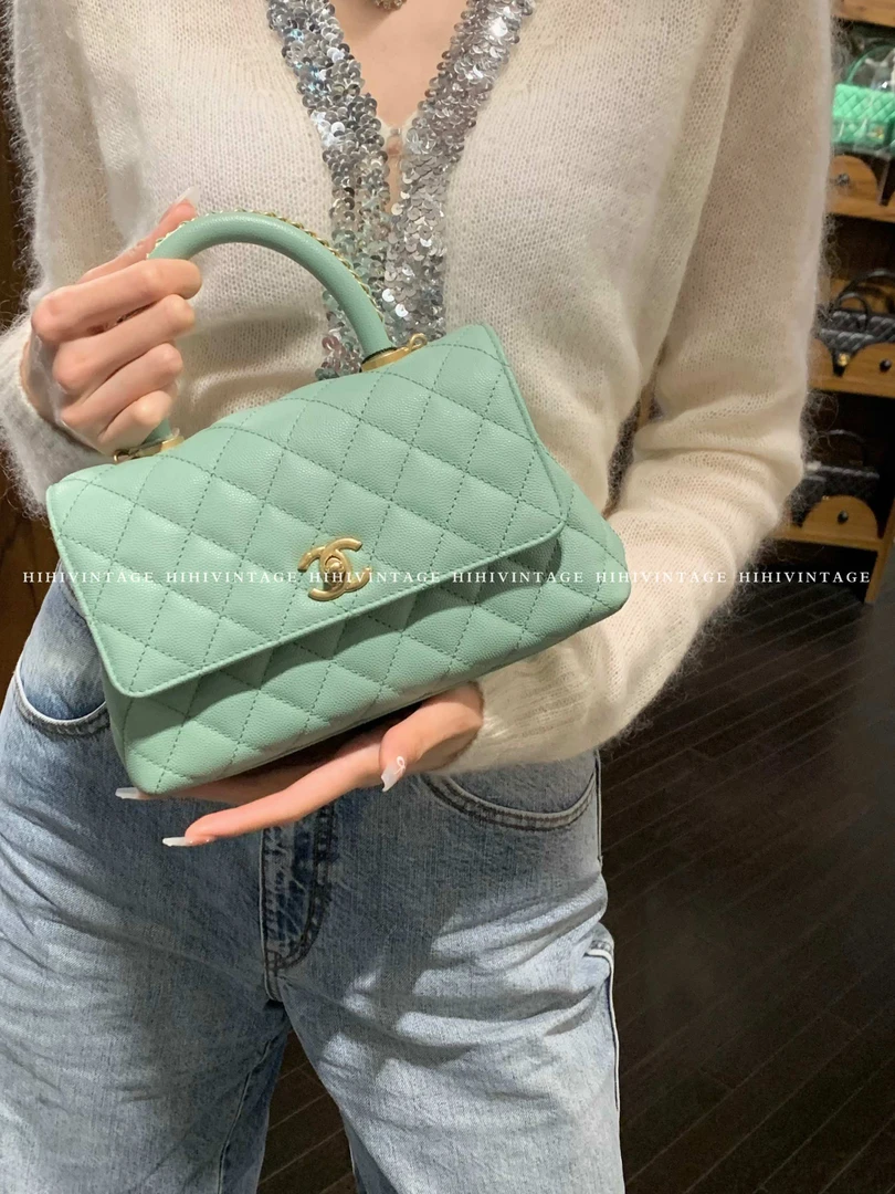 99新 Chanel/香奈儿 HIHI薄荷绿金扣皮穿链手柄cocohandle小号JL