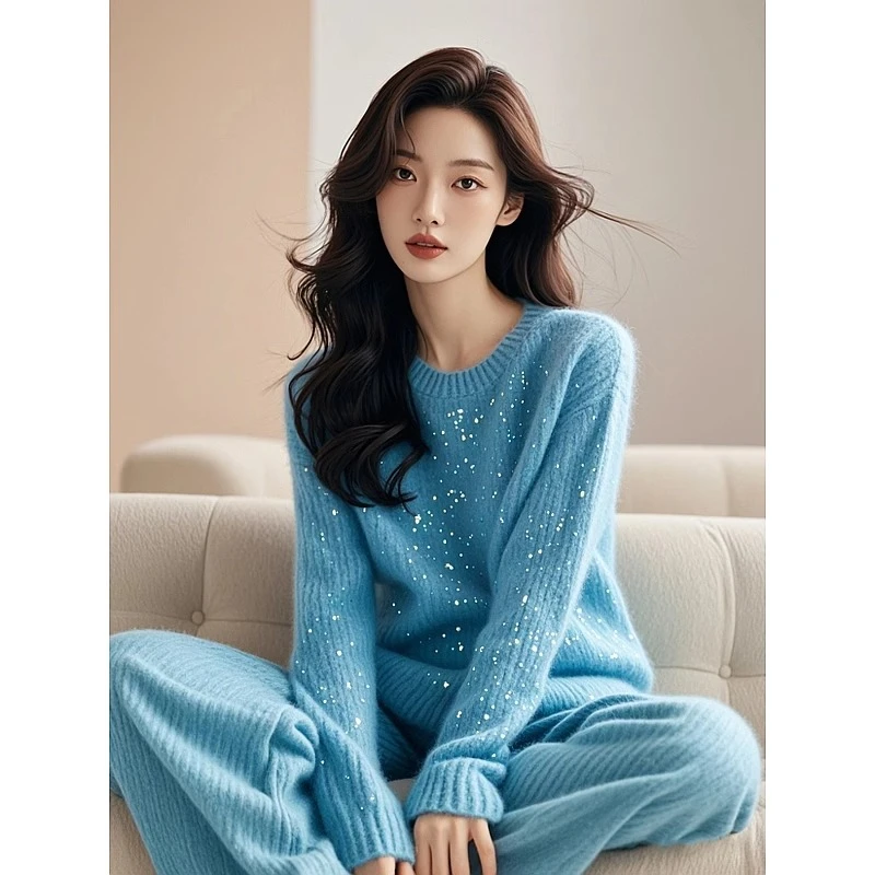 时尚洋气时髦轻奢高级感冬天冰川蓝色细闪圆领毛衣长裤子套装女