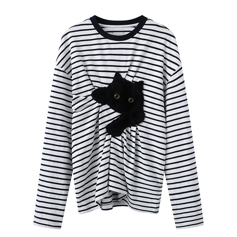 【黑猫】新品设计感猫咪绣花褶皱T恤女宽松圆领条纹长袖上衣X2766