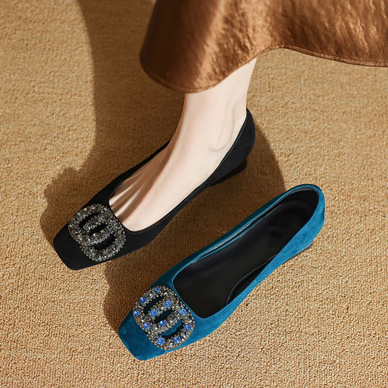 法式优雅水钻方扣浅口轻奢单鞋女中跟春季磨砂羊皮粗跟舒适工作鞋