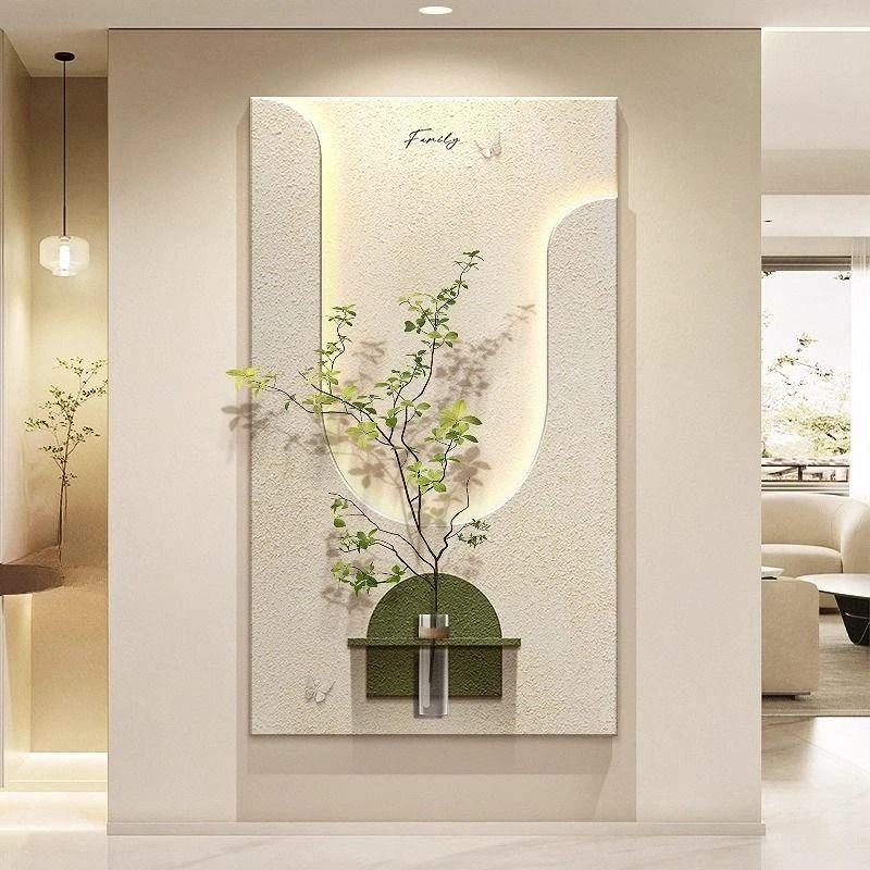 侘寂风抽象装饰画仿真绿植玄关正对门壁画高级感走廊过道装饰画