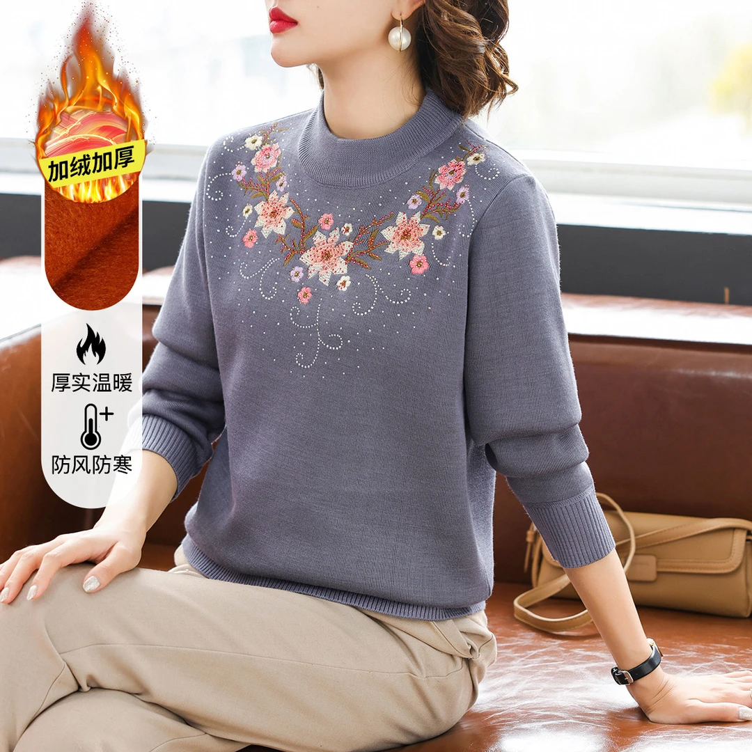 秋冬季加绒加厚妈妈装毛衣保暖显瘦中老年女装