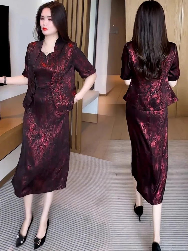 时尚连衣裙套装女2025夏季新款洋气质显瘦印花短外套背心裙两件套