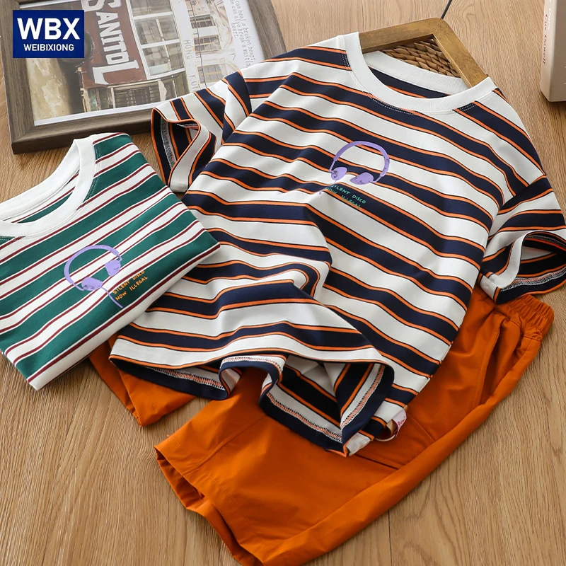 2025新款儿童耳机印花夏季款条纹短袖套装中大童休闲时髦两件套