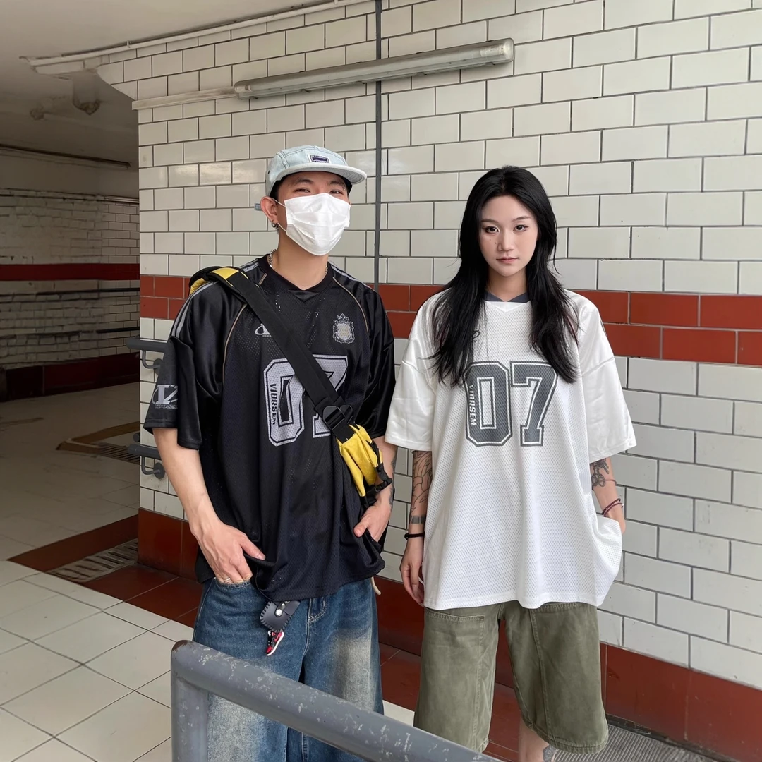 美式潮牌字母涂鸦印花网面短袖T恤男女夏季薄款宽松百搭运动球衣