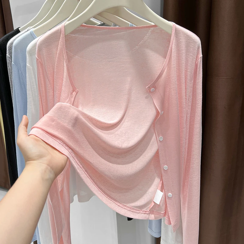 粉色圆领微透洋气开衫上衣夏季新款宽松针织长袖外套薄款外搭披肩