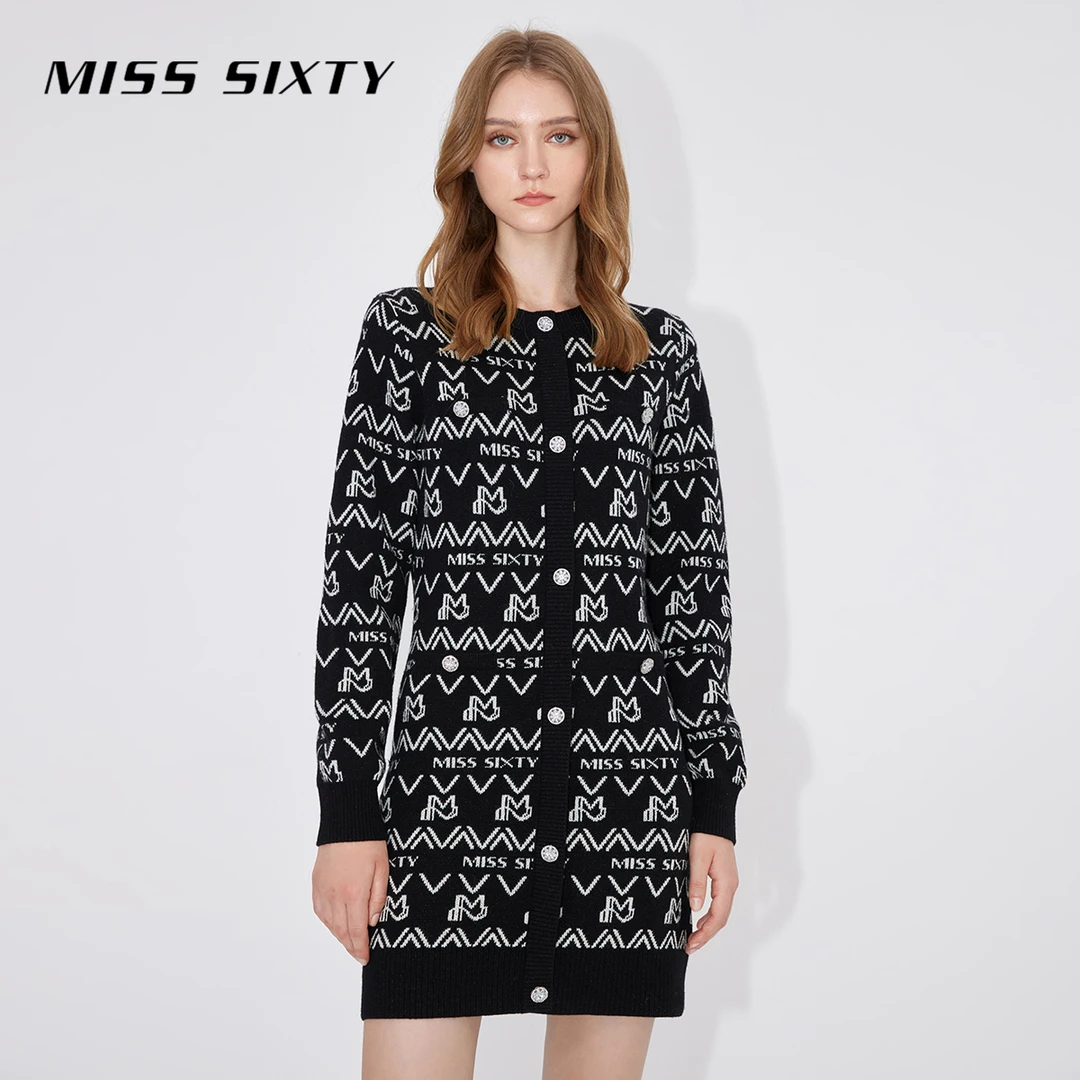 Miss Sixty羊毛混纺短款连衣裙满印提花一步裙女士圆领