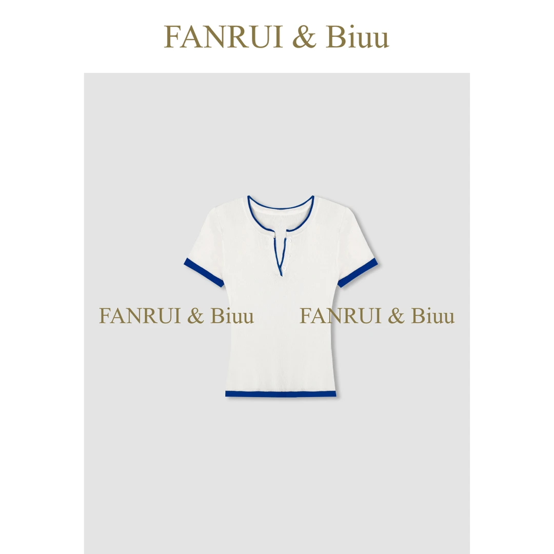 FANRUI/泛芮「蓝莓奶霜」撞色拼接减龄气质百搭新款短袖T恤女B16757