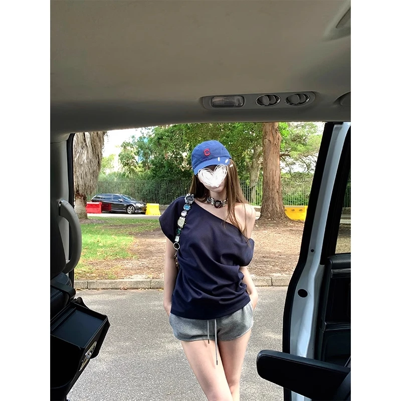 运补6米 曼利香肩 设计感打扭斜肩短袖卫衣T恤女收腰内搭短款上衣