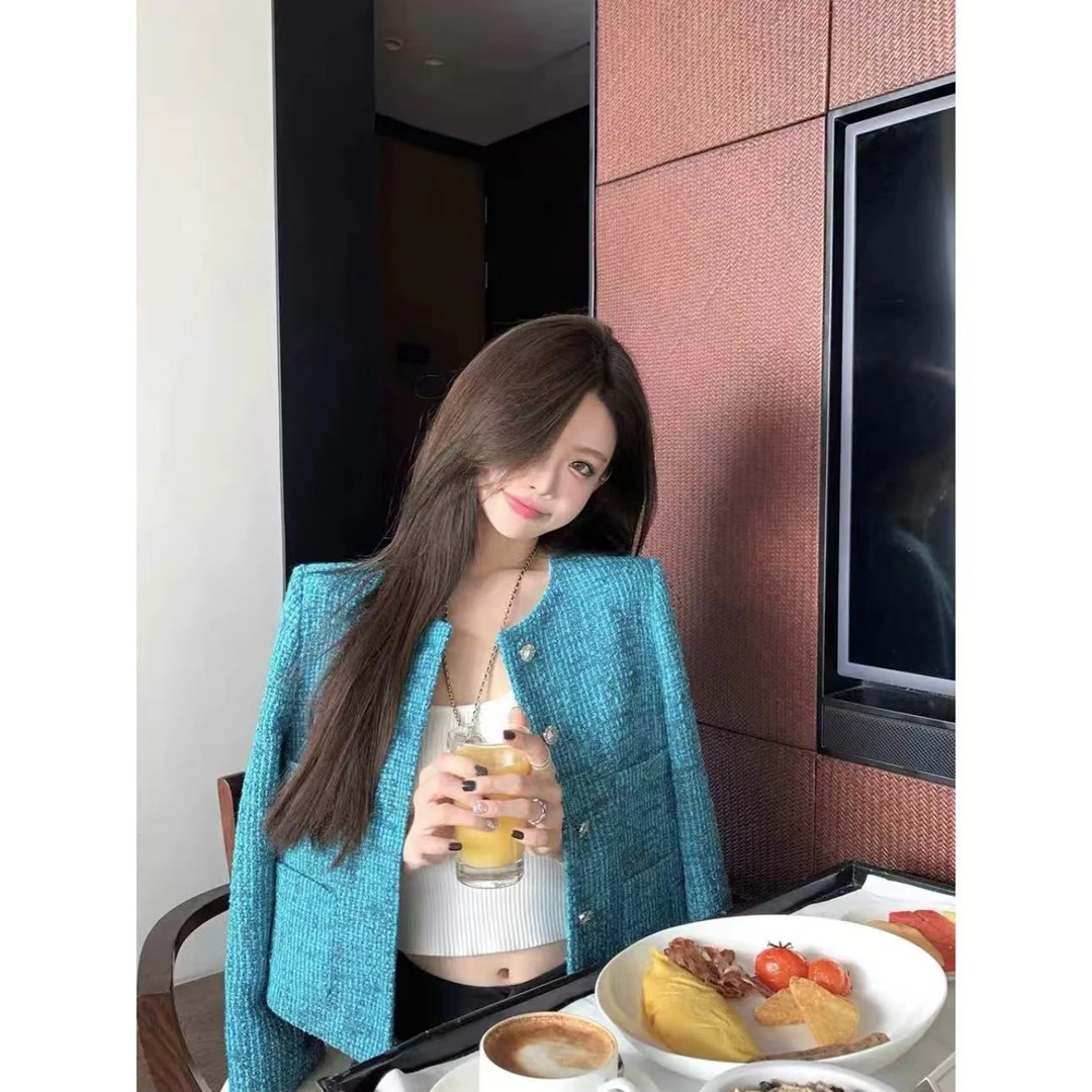 【TONG】蓝色小香风外套法式蓝色短款小香风粗花呢外套2024新款