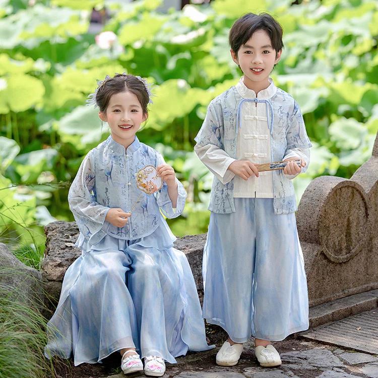 女童新中式汉服秋装儿童兄妹装唐装国风姐弟套装古风男国学演出服