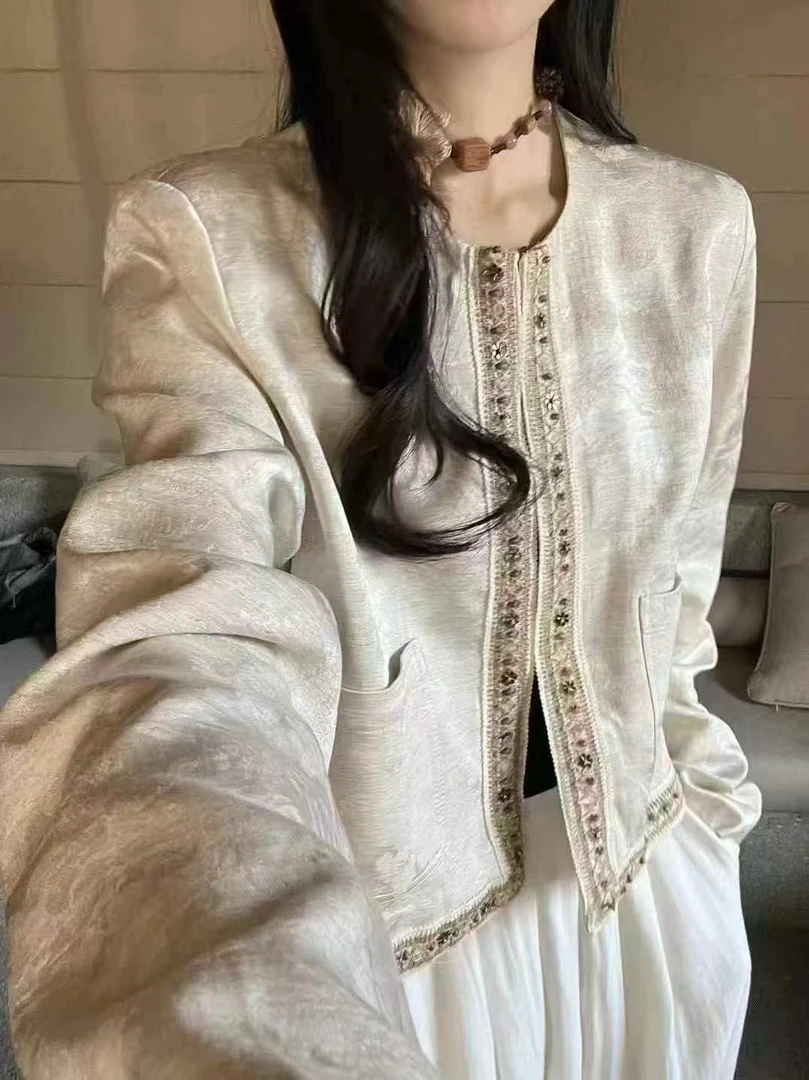 高级感中国风新中式提花镂空刺绣外套女2025春季新款上衣圆领女装