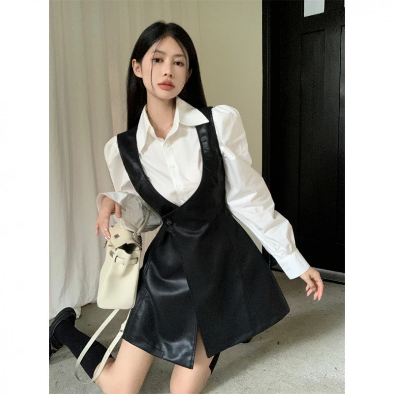 DUCURNO高级感泡泡袖白色衬衫套装女秋季2025新款气质皮背带短裙