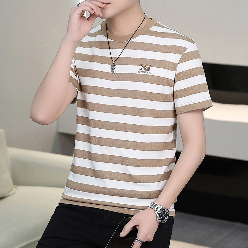 夏季男士高档潮流经典撞色条纹圆领短袖休闲T恤薄款上衣修身ins