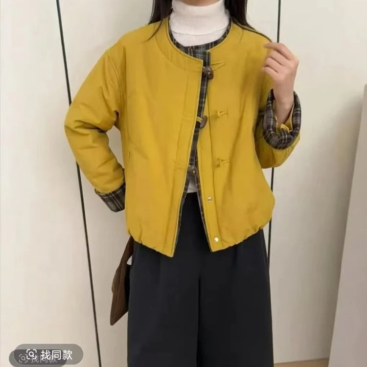 格子拼接棉服外套2025新款宽松冬季圆领棉服遮肉显瘦洋气棉袄大码