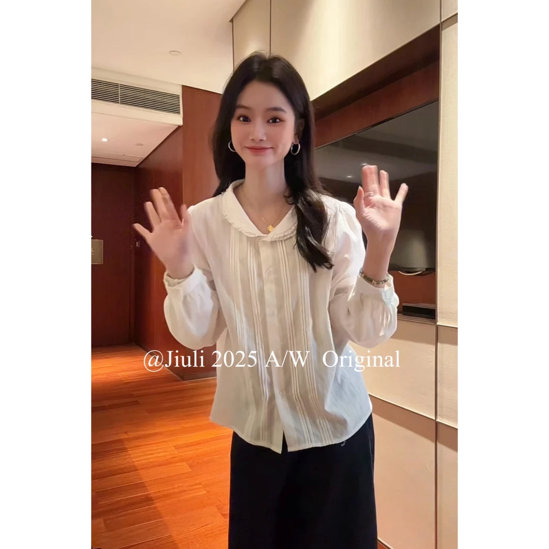 *九莉【莲蓉衬衣】重工手工打揽拼接花边翻领减龄百搭衬衣