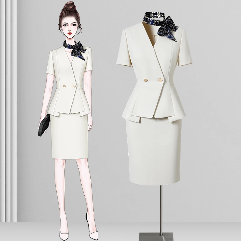 夏季职业短袖西装套装女修身气质美容院珠宝店前台销售工作服薄款