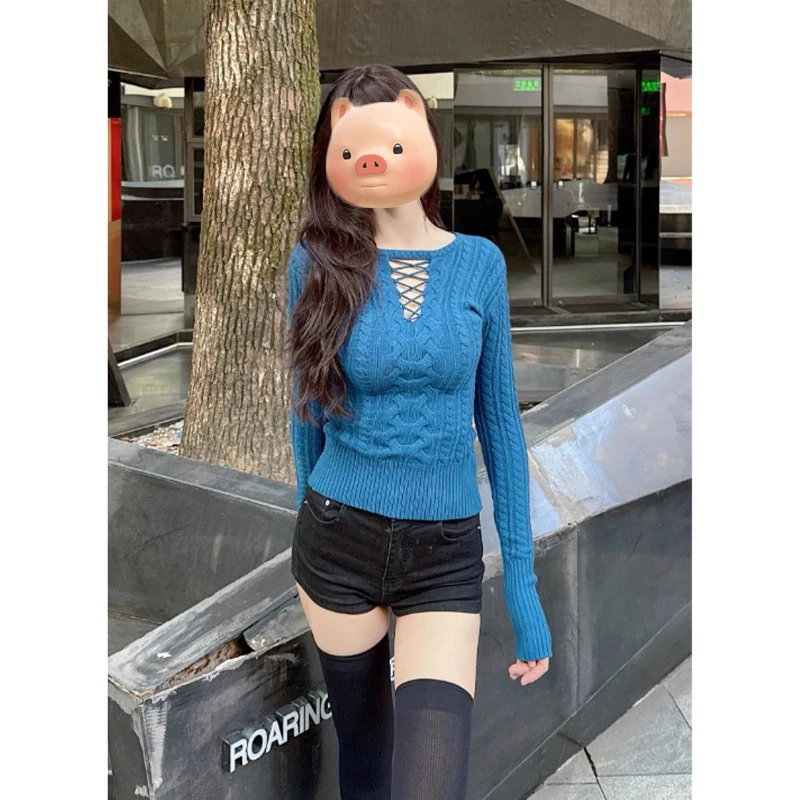 蓝色镂空麻花毛衣女秋冬季内搭可外穿修身辣妹纯欲针织打底衫上衣