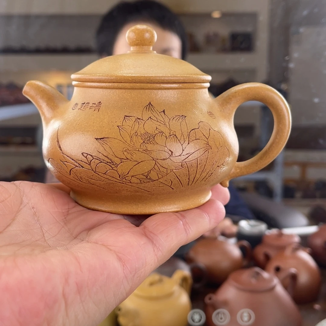 紫砂茶壶黄金段潘壶刻绘150cc