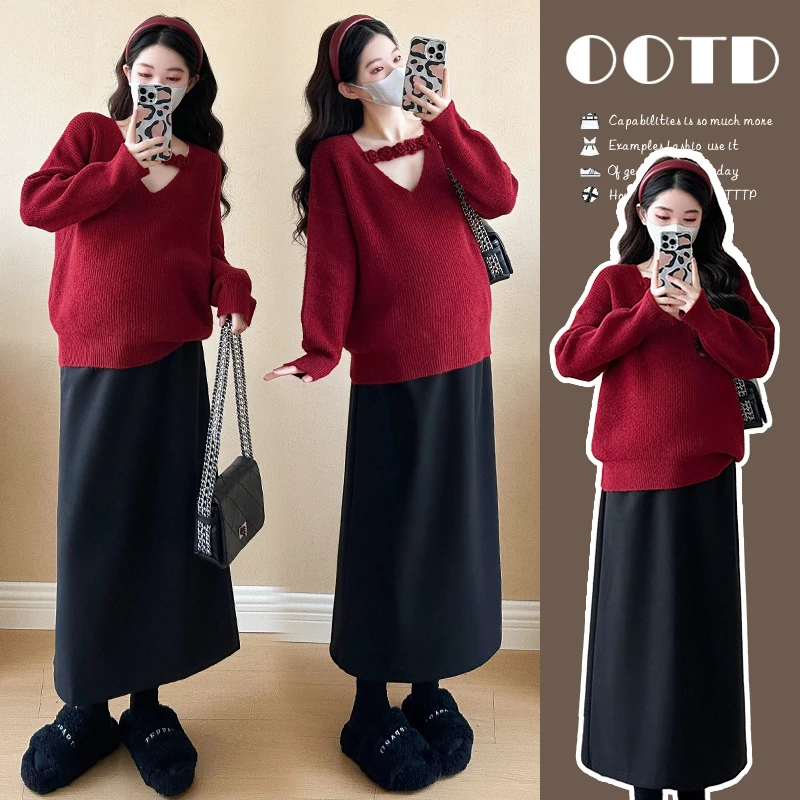 2025冬季红色经典辣妈红色毛衣+托腹半身裙孕妇套装两件新年韩版